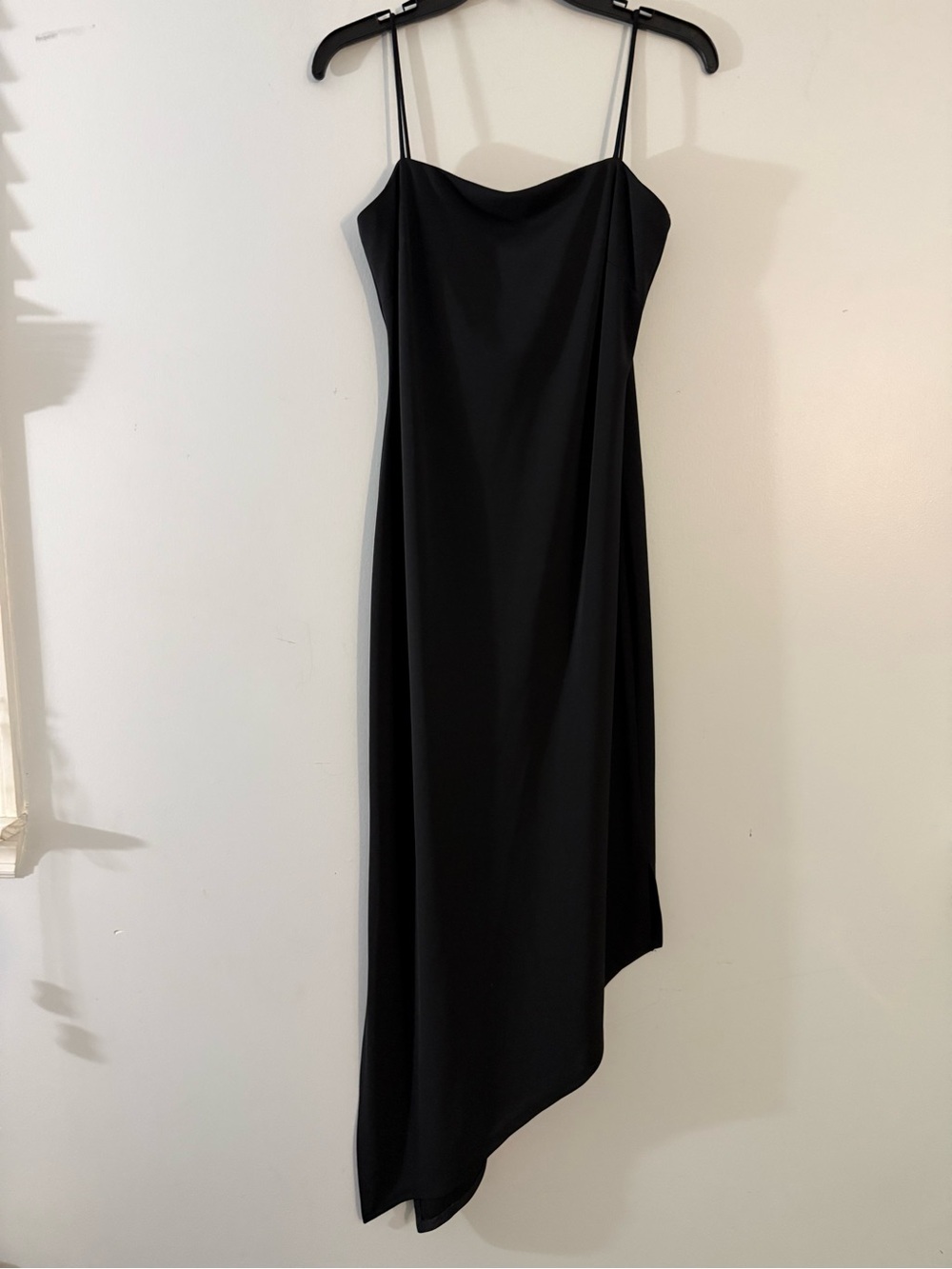 Asymmetric Black Midi Slip Dress with Spaghetti Straps